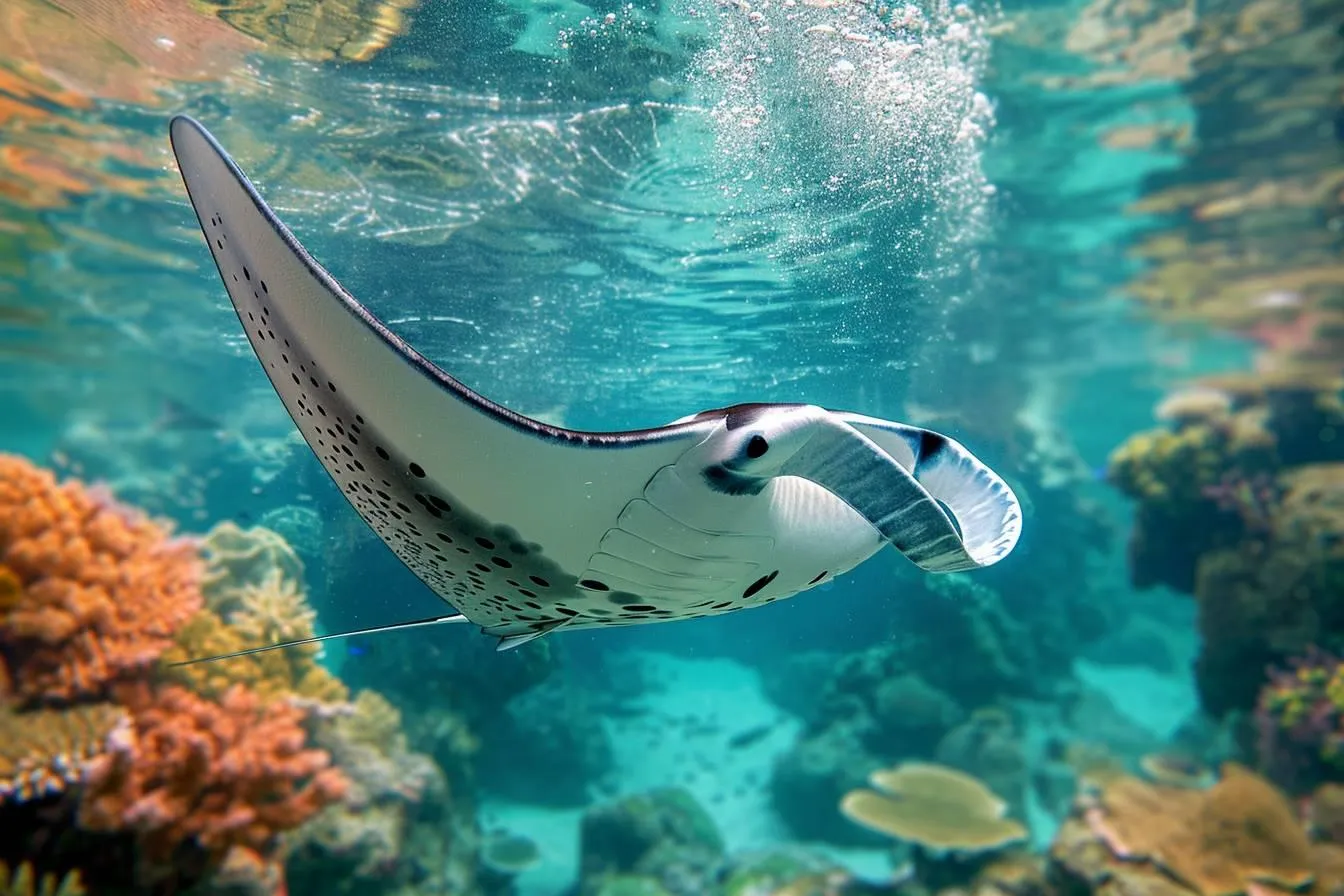 manta ray swimming above coral reefs in clear blue ocean water
