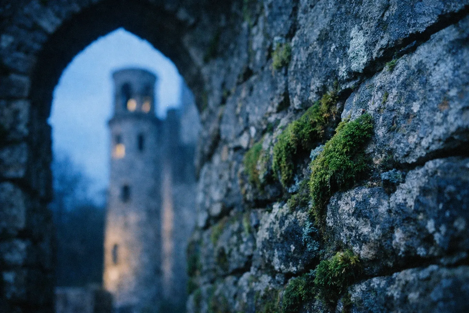 A moss-covered stone wall and arched entry frame a distant, illuminated castle tower at dusk.