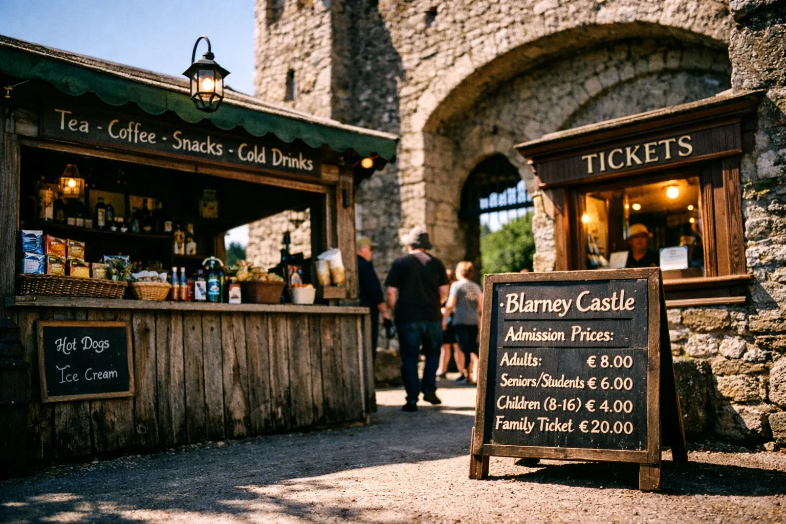 A Blarney Castle ticket booth and snack stand set against the castle's stone entrance with visitors nearby.