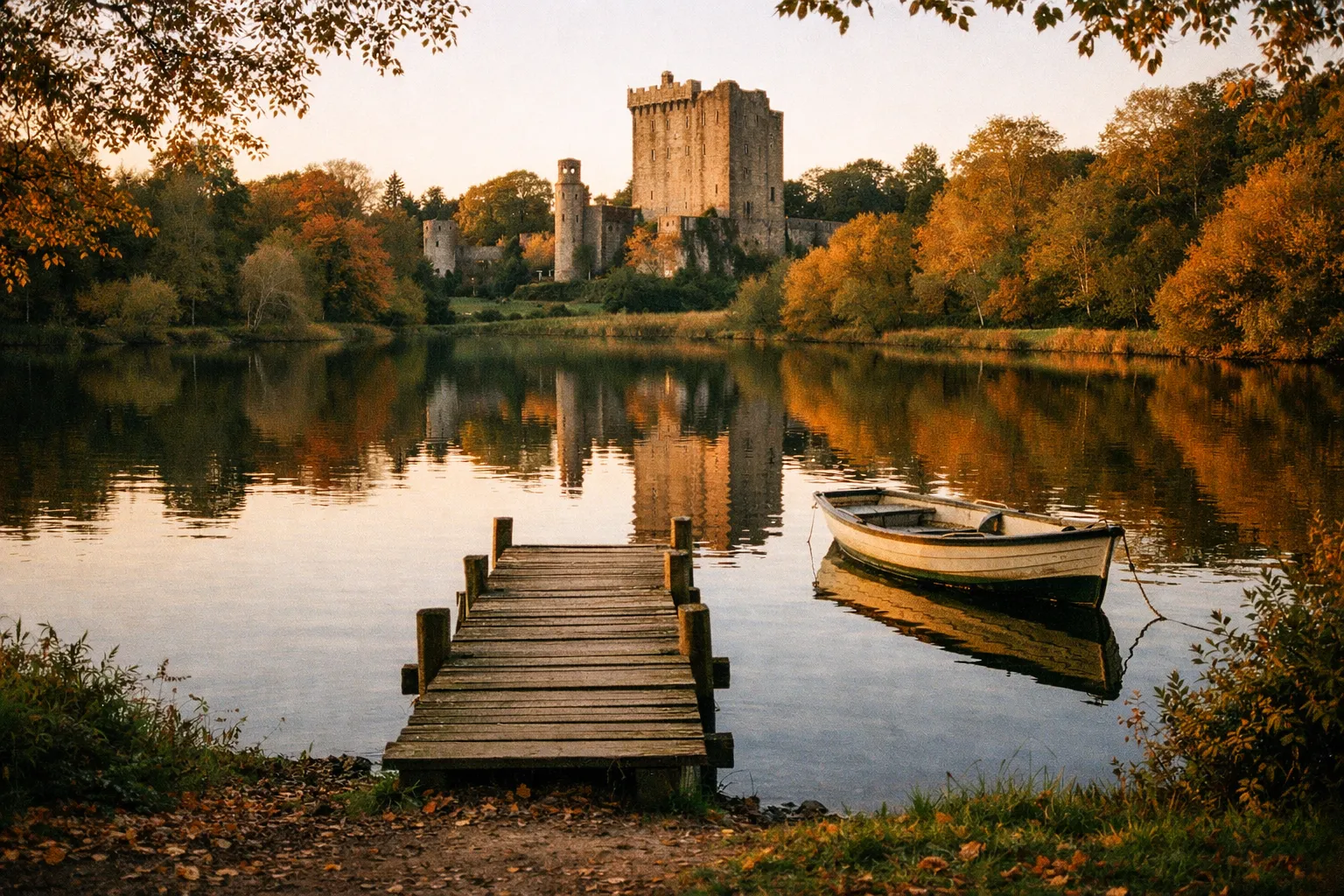 Blarney Castle stands beyond a lake with a wooden dock and rowboat in the foreground, surrounded by autumn trees.