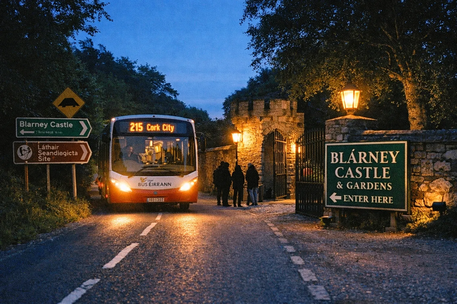 A bus stops at dusk near the entrance gate of Blarney Castle and Gardens in Ireland.