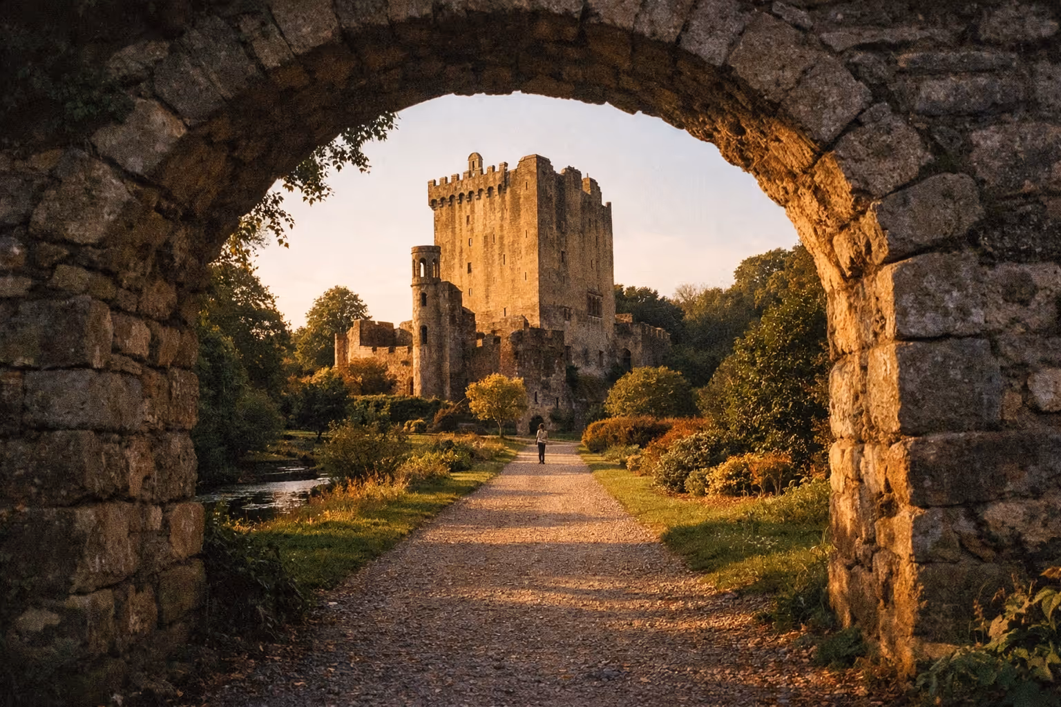 A person walks along a path toward Blarney Castle, framed by a stone arch and surrounded by greenery.