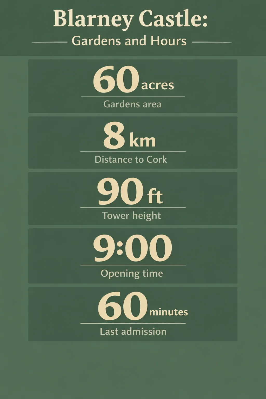 Infographic: Blarney Castle's 60-acre gardens, 8 km from Cork, 90 ft tower, 9:00 opening, last entry an hour before closing