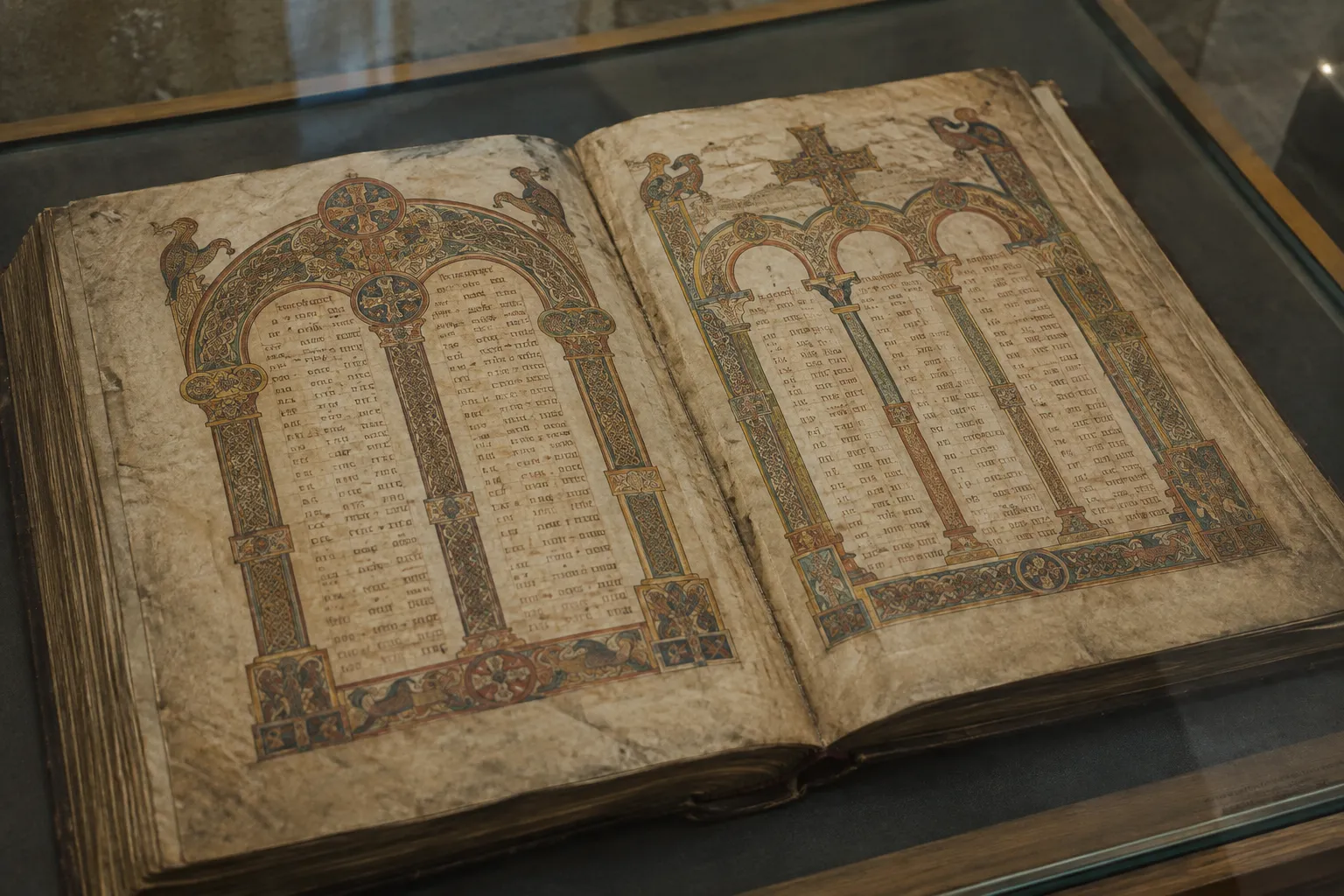 An illuminated Book of Kells manuscript lies open in a dim display case.
