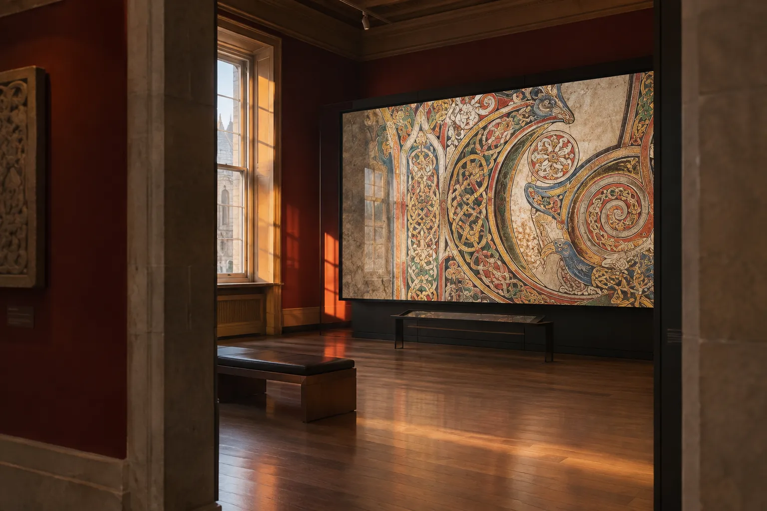 A large digital screen magnifies Insular interlace, spirals and animal ornament in a quiet gallery with red walls.