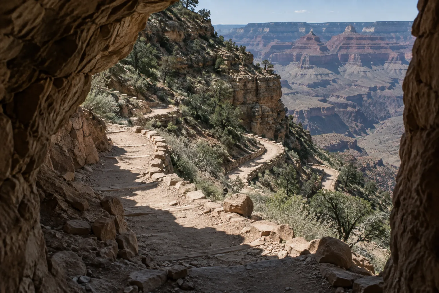 A rocky Bright Angel Trail switchback winds along the Grand Canyon beneath an overhanging cliff.