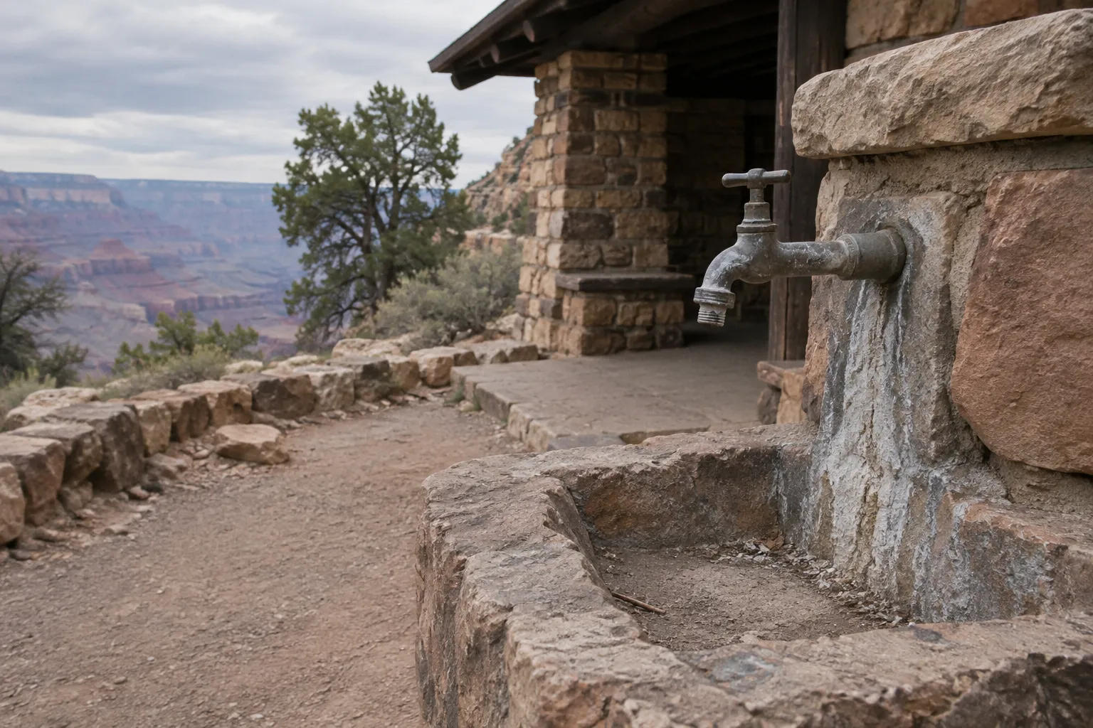 A stone rest stop and water spigot overlook the Grand Canyon along the Bright Angel Trail.