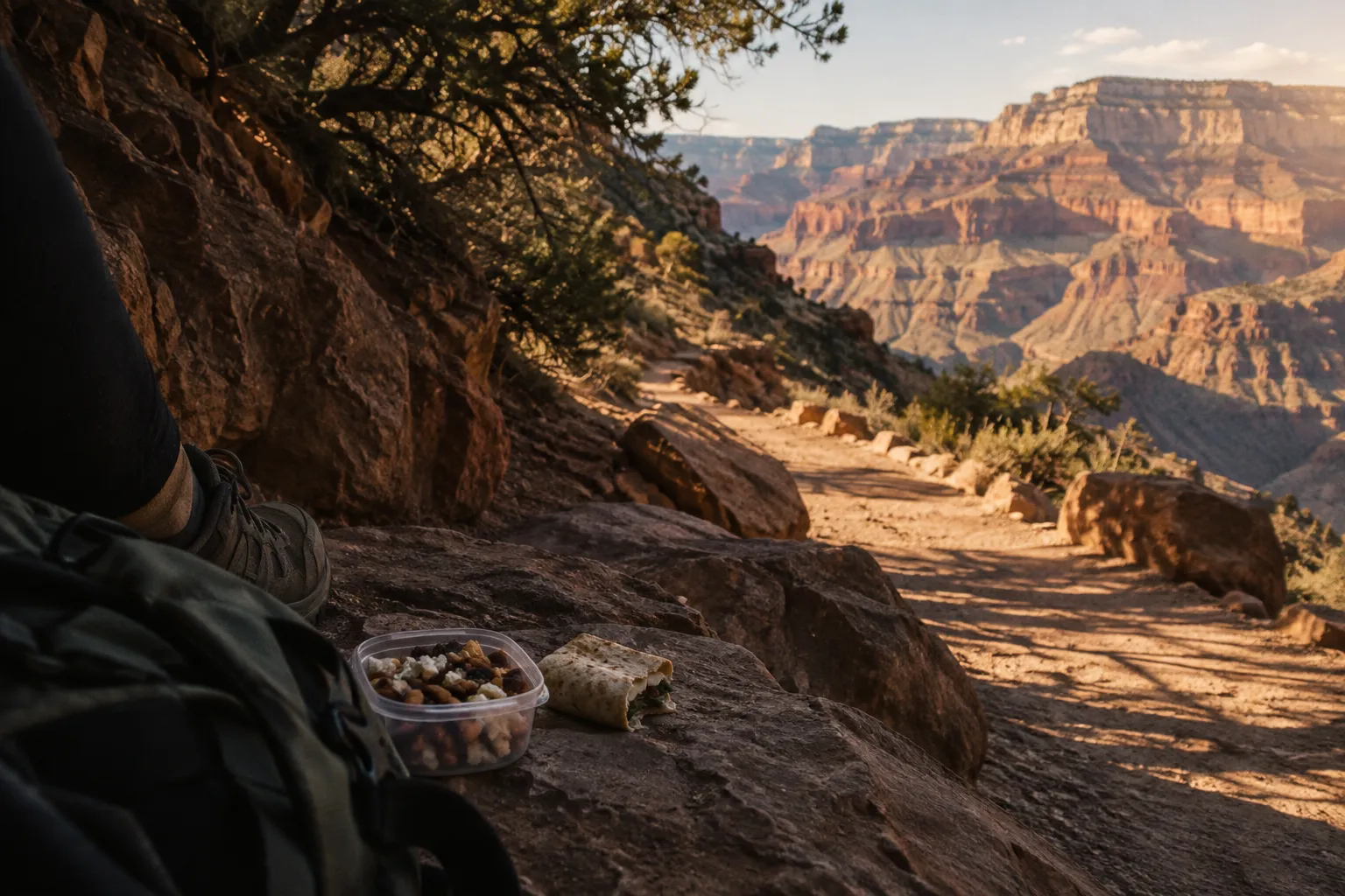 A hiker rests with a snack beside the Bright Angel Trail overlooking the Grand Canyon.
