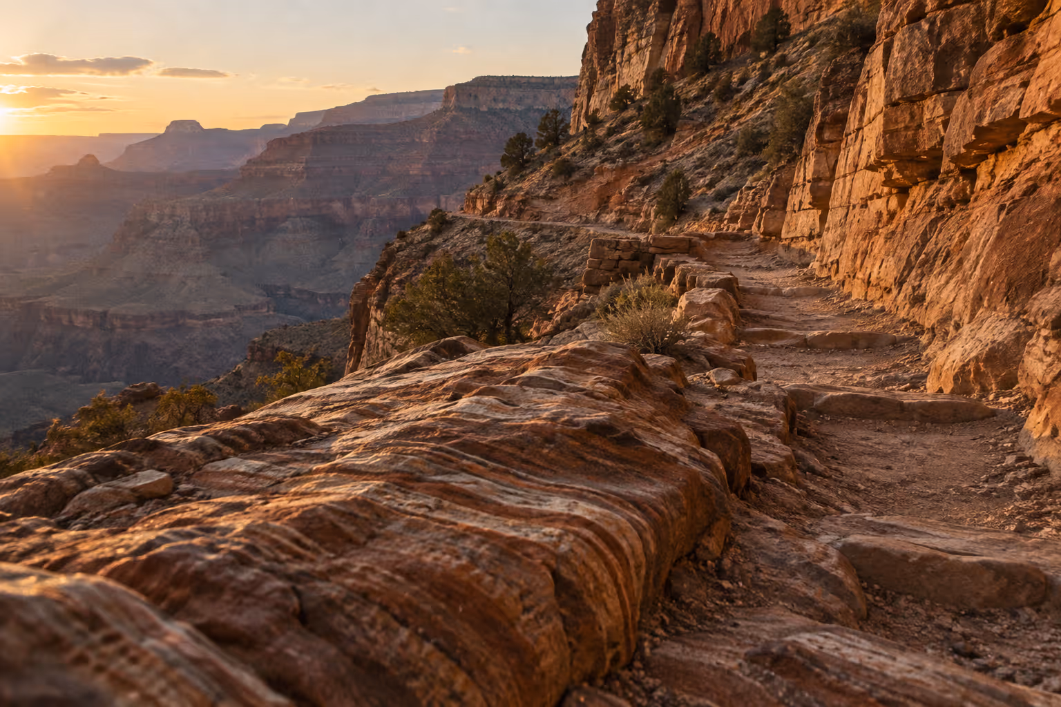 The rocky Bright Angel Trail winds along a Grand Canyon cliff at sunset.