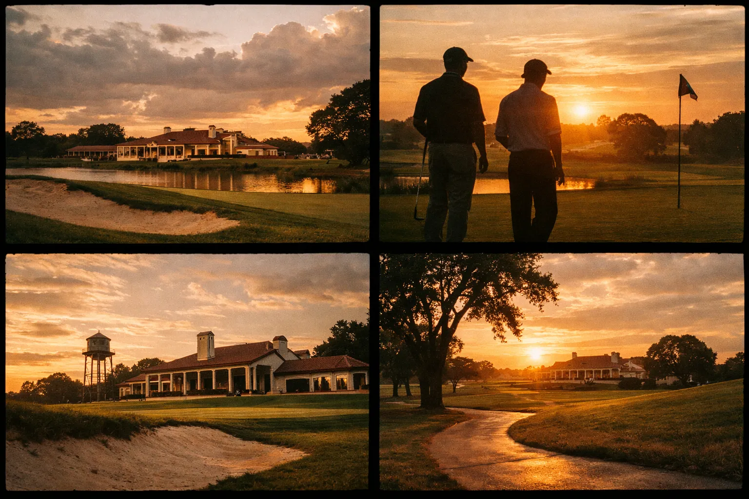 Golfers and a clubhouse at a golf course during sunset, with a water tower and sand bunkers visible.