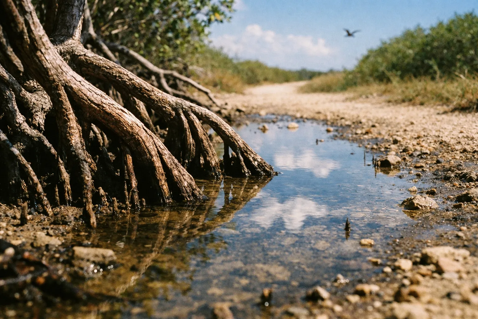 Mangrove roots by a shallow pool along a sandy path with greenery and a bird in the sky.