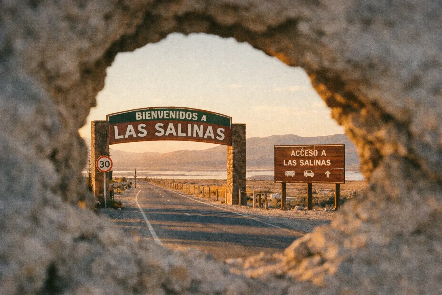 Entrance signs welcoming visitors to Las Salinas, viewed through a rock opening in a flat landscape.