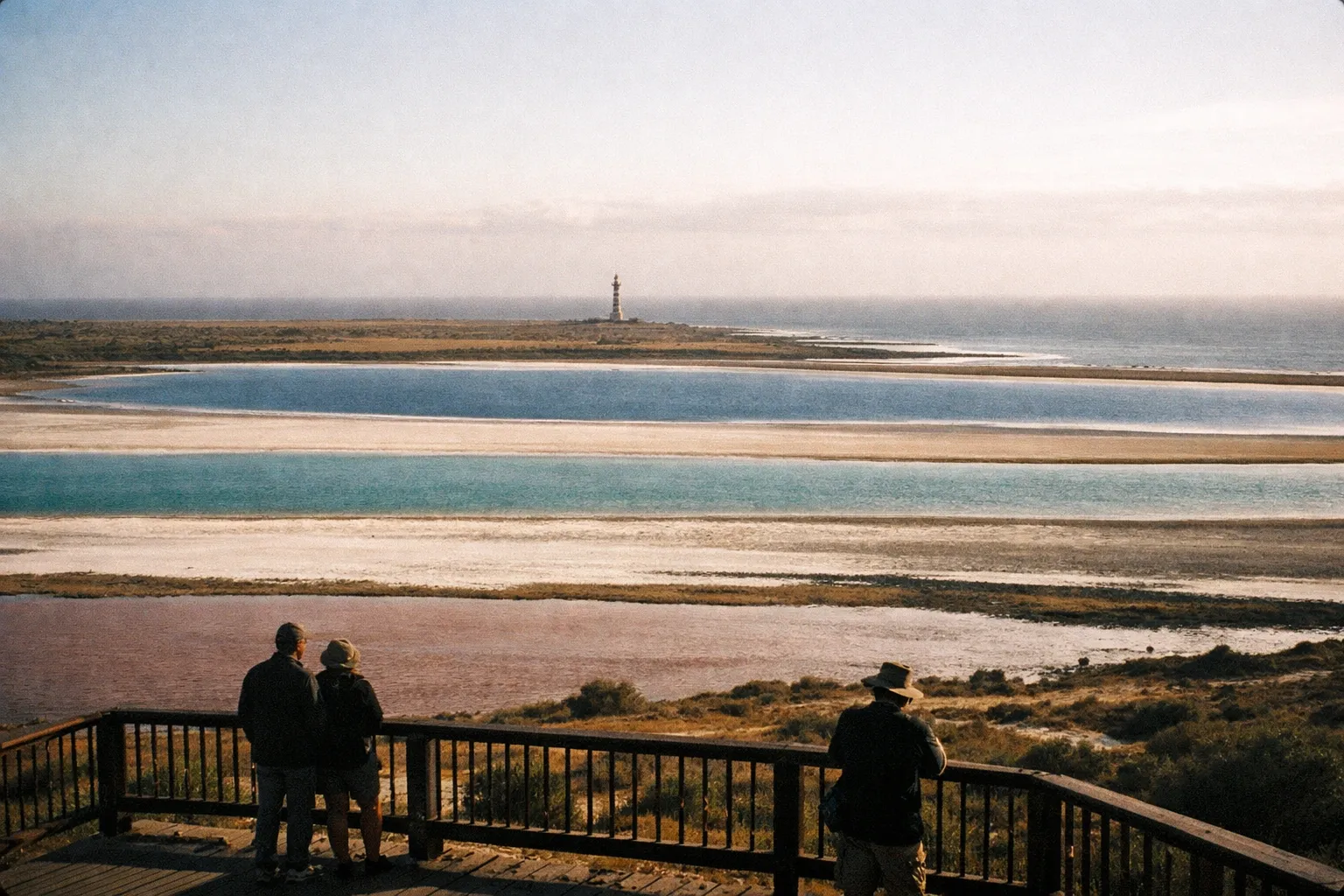 Visitors stand on a viewpoint overlooking the Cabo Rojo pink salt flats and Los Morrillos Lighthouse in Puerto Rico.