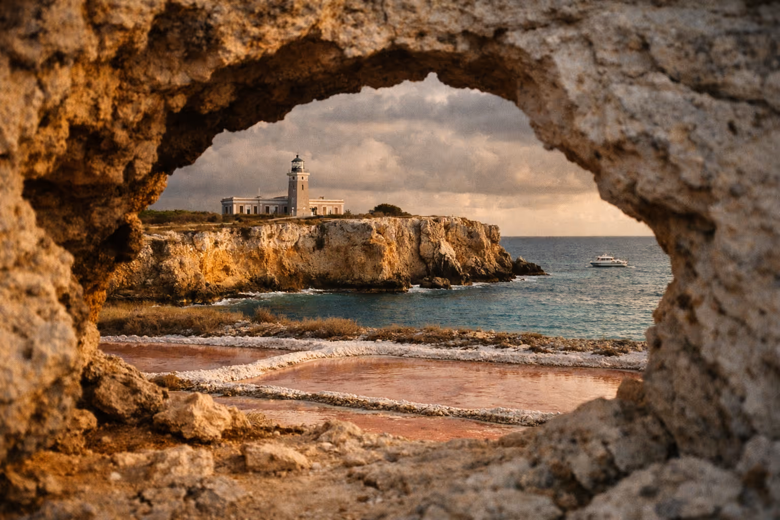 Los Morrillos Lighthouse overlooks pink salt flats and cliffs near the ocean in Cabo Rojo, Puerto Rico.