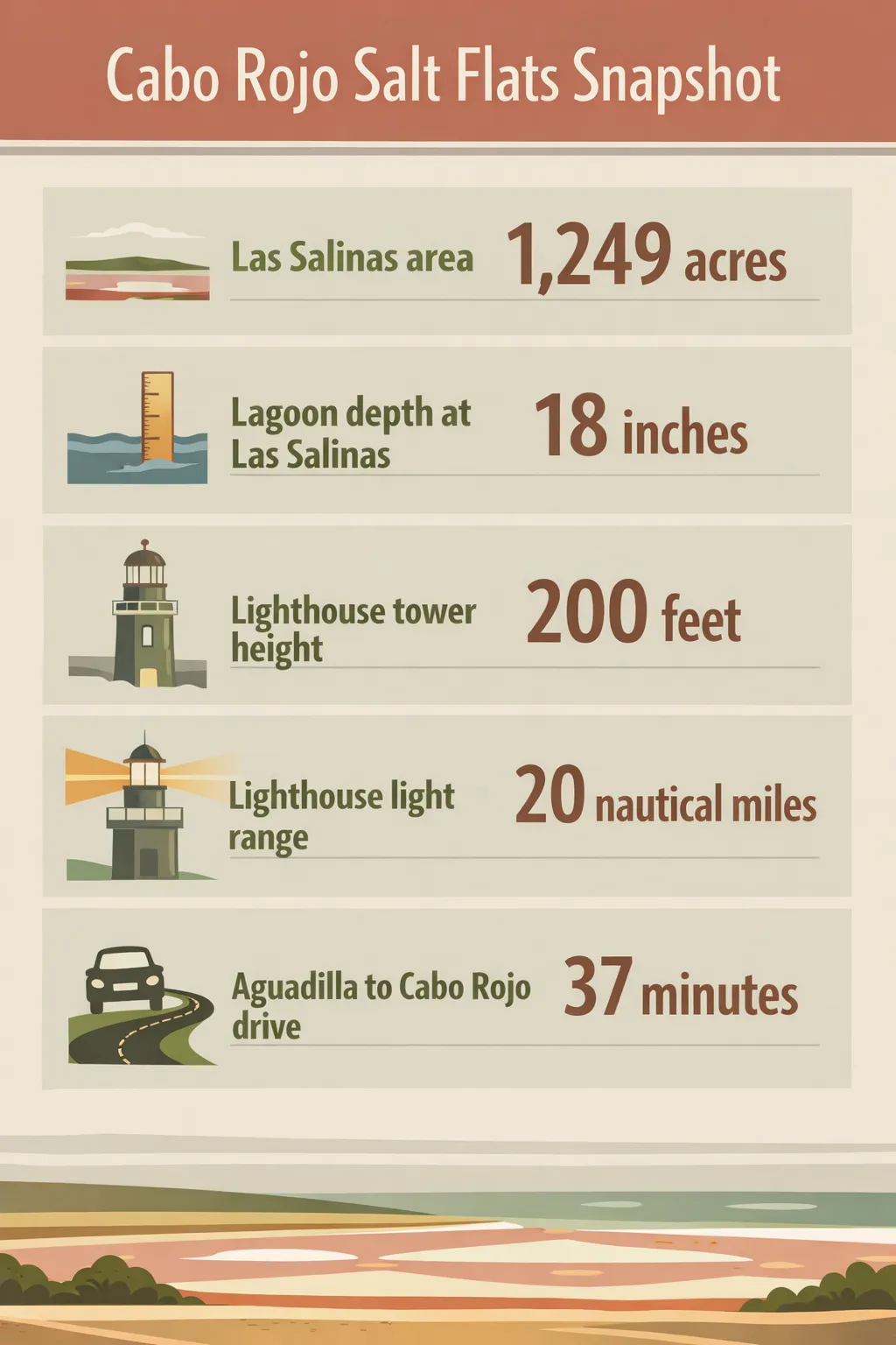 Las Salinas area 1,249 acres; lagoon depth 18 inches; Los Morrillos Lighthouse tower height 200 feet; lighthouse light range