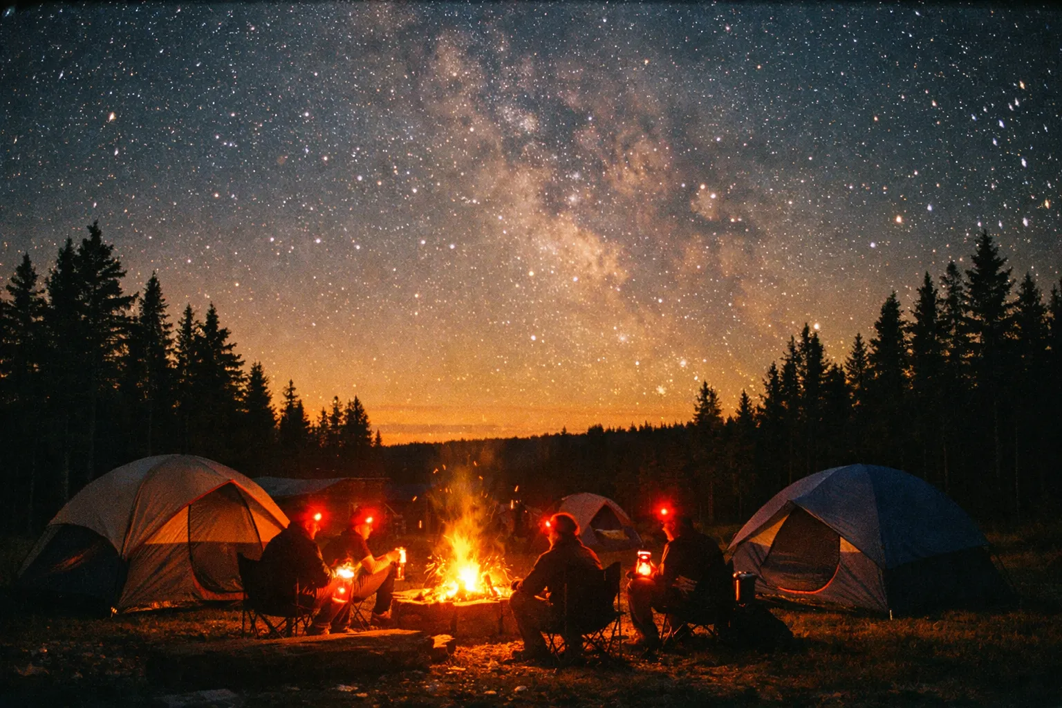 Rustic Campground at dusk with tents, fire ring, and red-lit campers under a starry sky