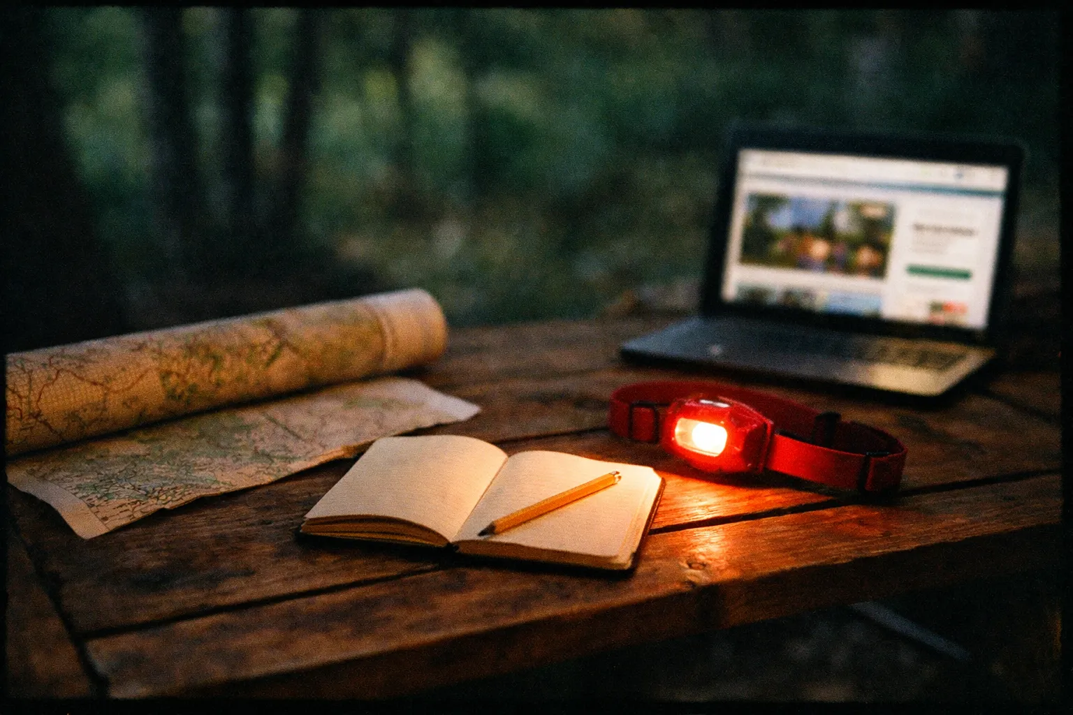 Night scene of a campsite table with map, notebook, and red headlamp