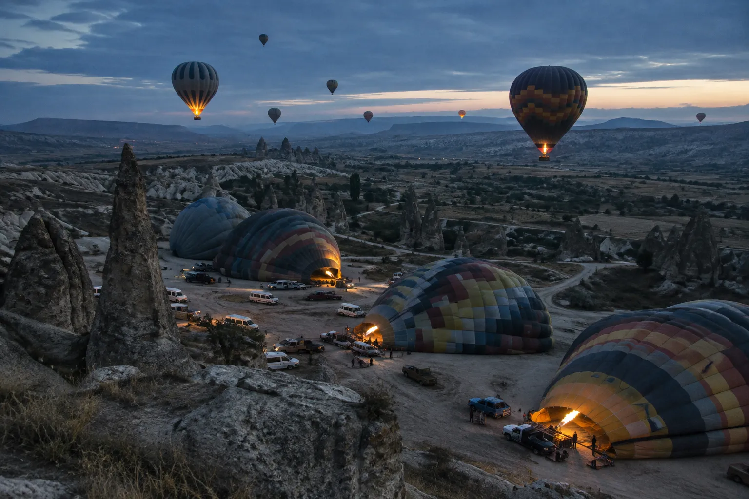 Hot air balloons rise over Cappadocia's rocky valleys at dawn.