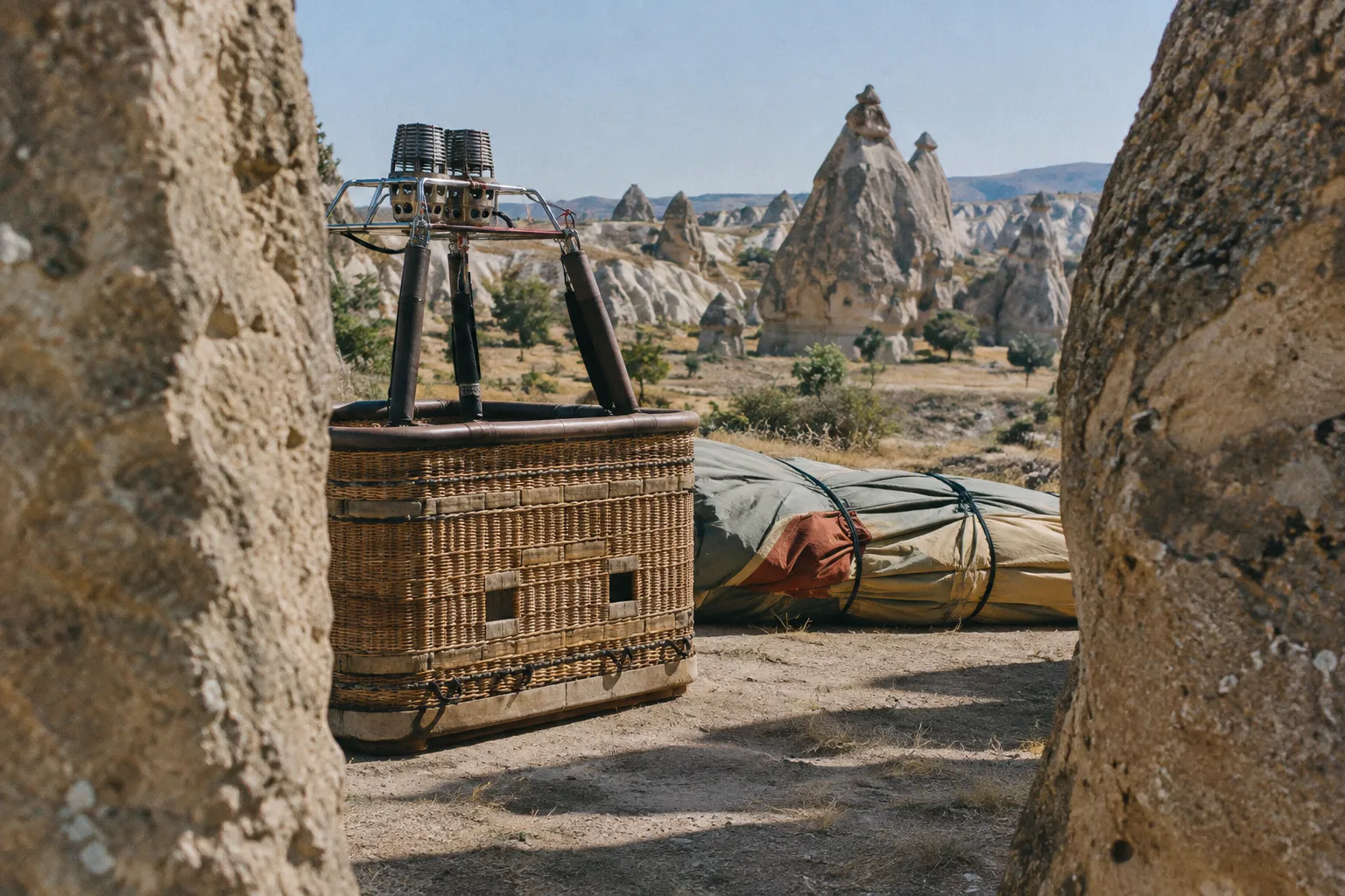 A hot air balloon basket and deflated envelope sit among Cappadocia's rocky fairy chimneys.