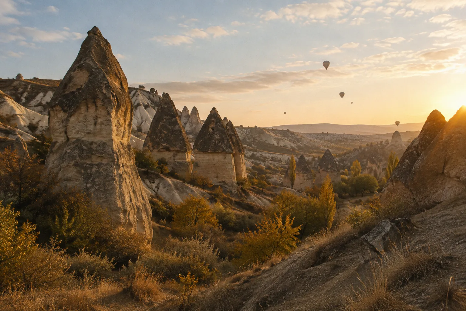 Fairy chimneys and autumn scrub glow in low sun as a few distant balloons drift over a Cappadocia valley.