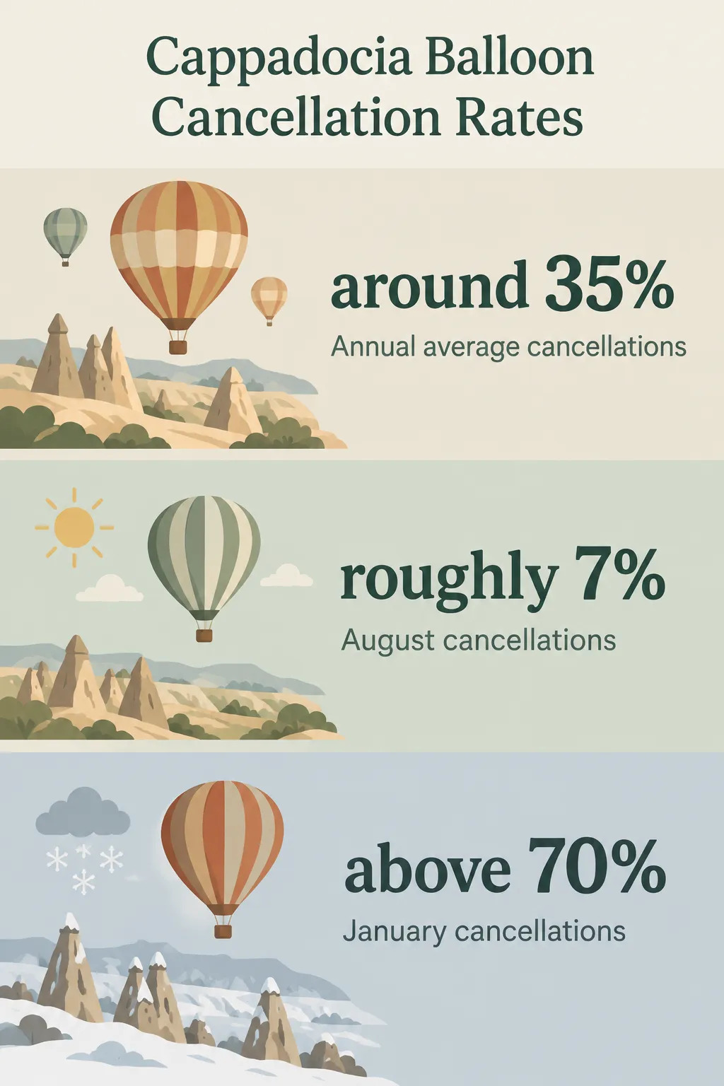 Reported Cappadocia balloon cancellation rates: around 35 percent annually, roughly 7 percent in August