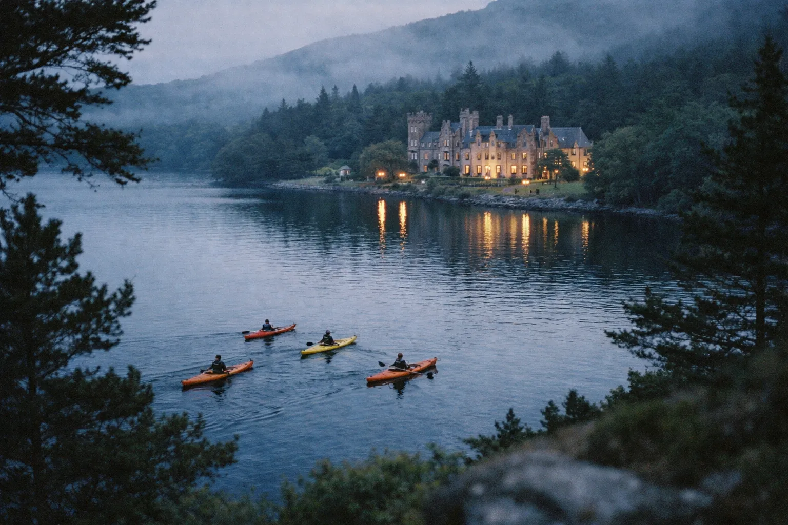 Kayakers paddle on a lake near a lit-up castle surrounded by forested hills in the evening.