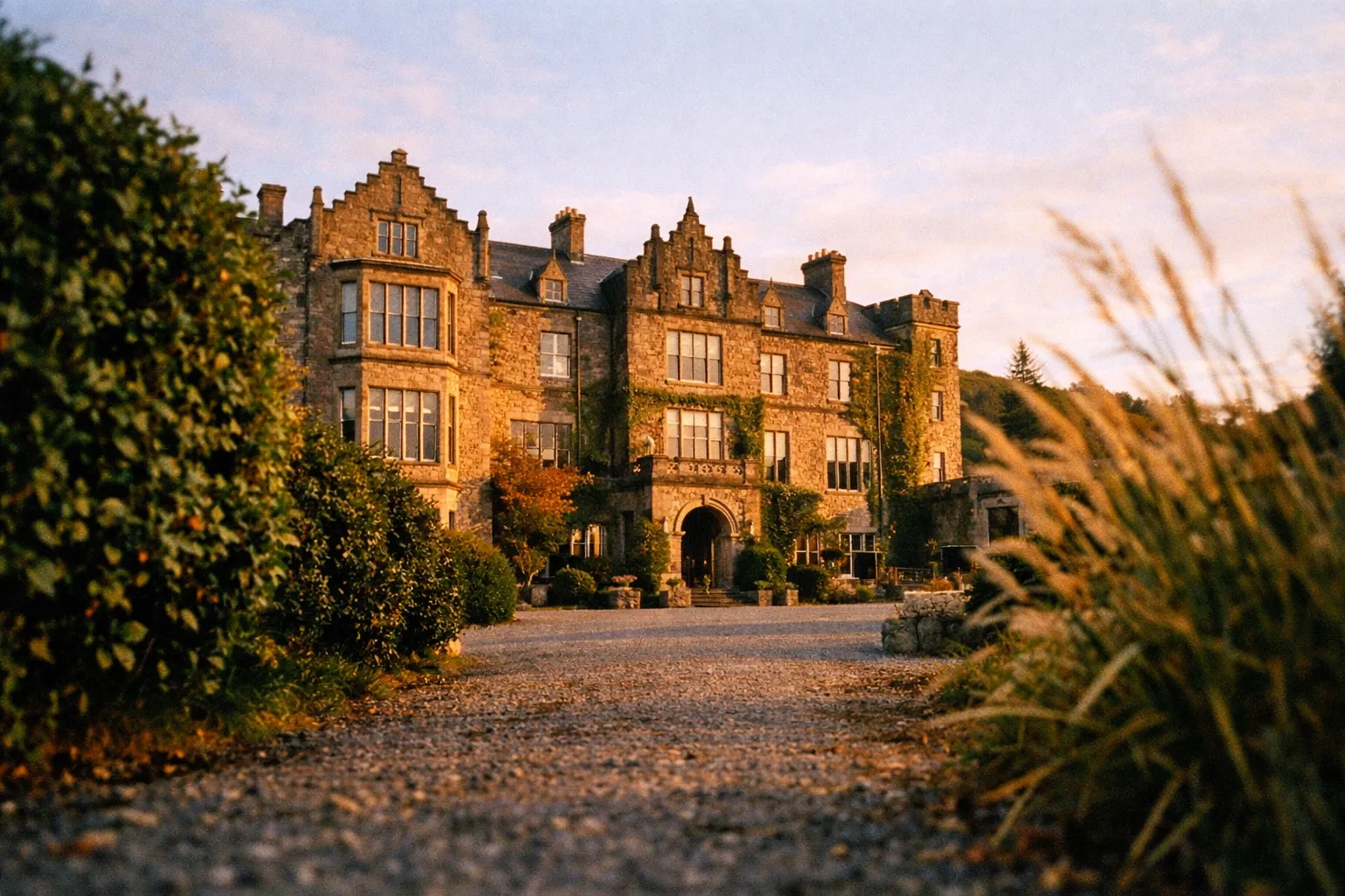 A stone castle hotel with ivy-covered walls stands at the end of a gravel path lined with bushes in Ireland.