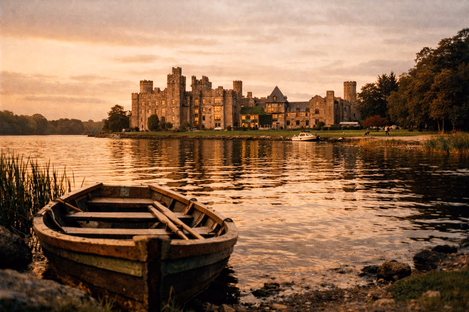 Ashford Castle viewed from across a lake with a wooden rowboat in the foreground at sunset.