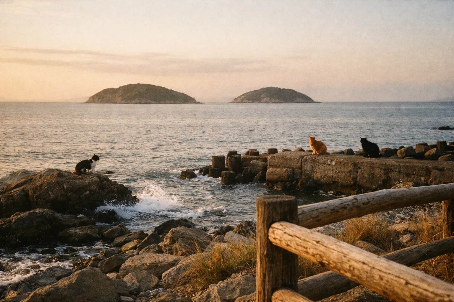 Coastal view of two cat islands on the horizon with cats on rocks along a rugged shore