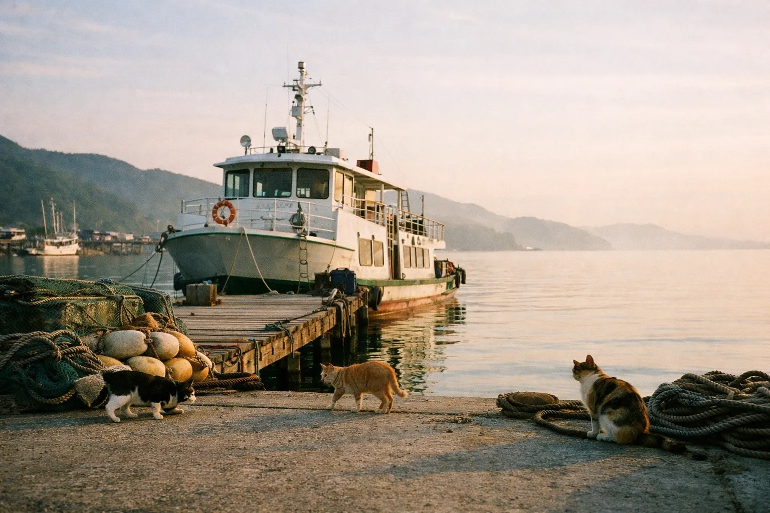 Quiet northern port with a docked ferry and roaming cats along a wooden quay