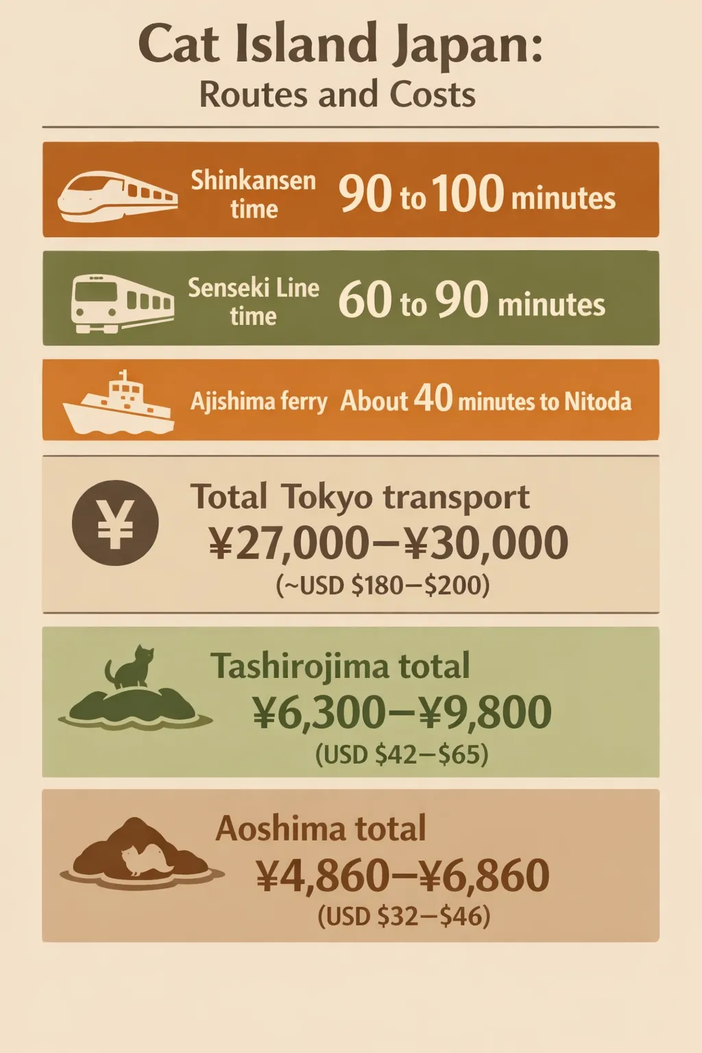 Infographic showing travel times and costs to Tokyo-area cat islands: Shinkansen 90-100 min, Senseki Line 60-90 min