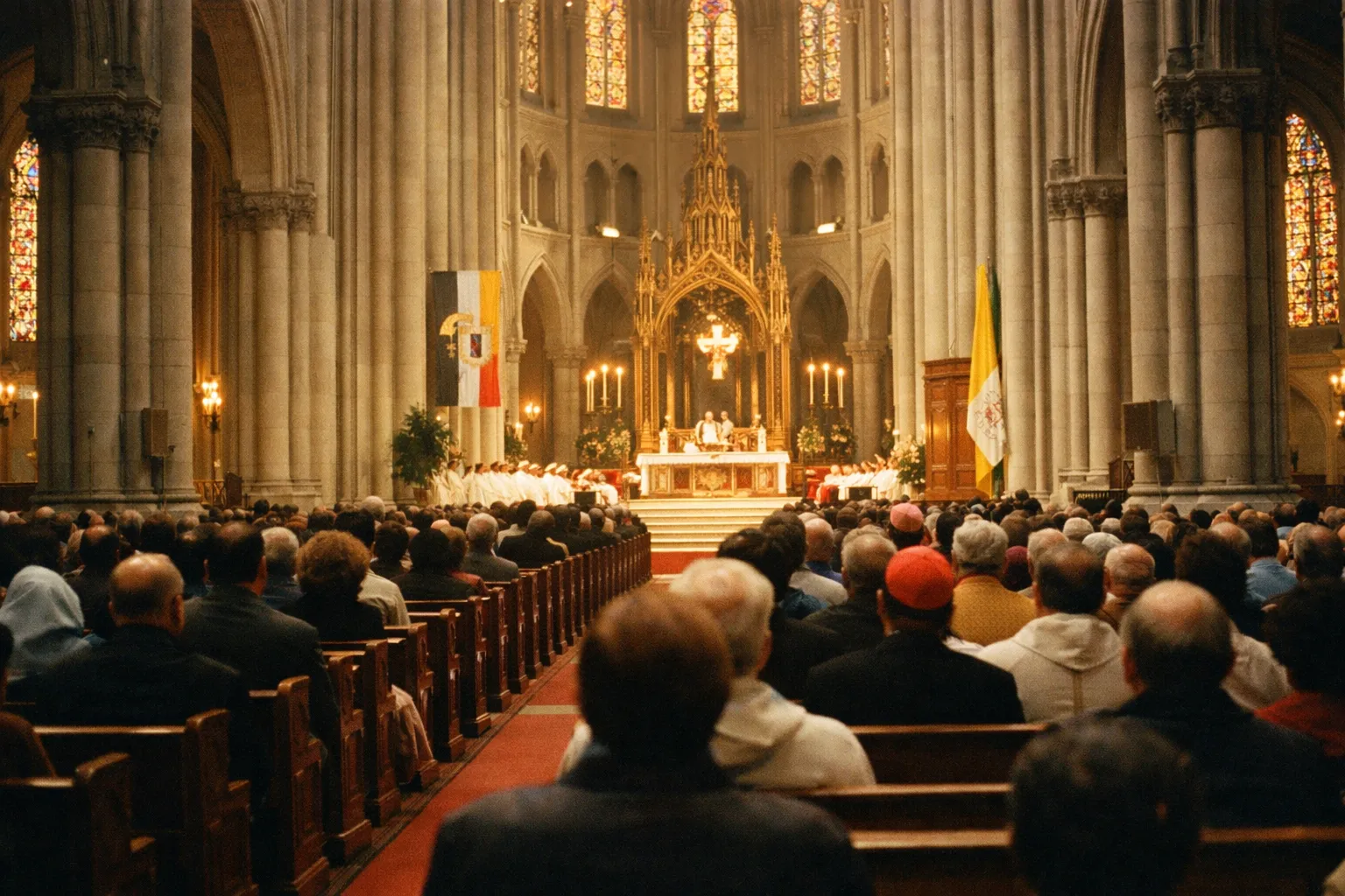 Interior nave of the Cathedral Basilica of the Sacred Heart seen from the rear with silhouettes of worshippers