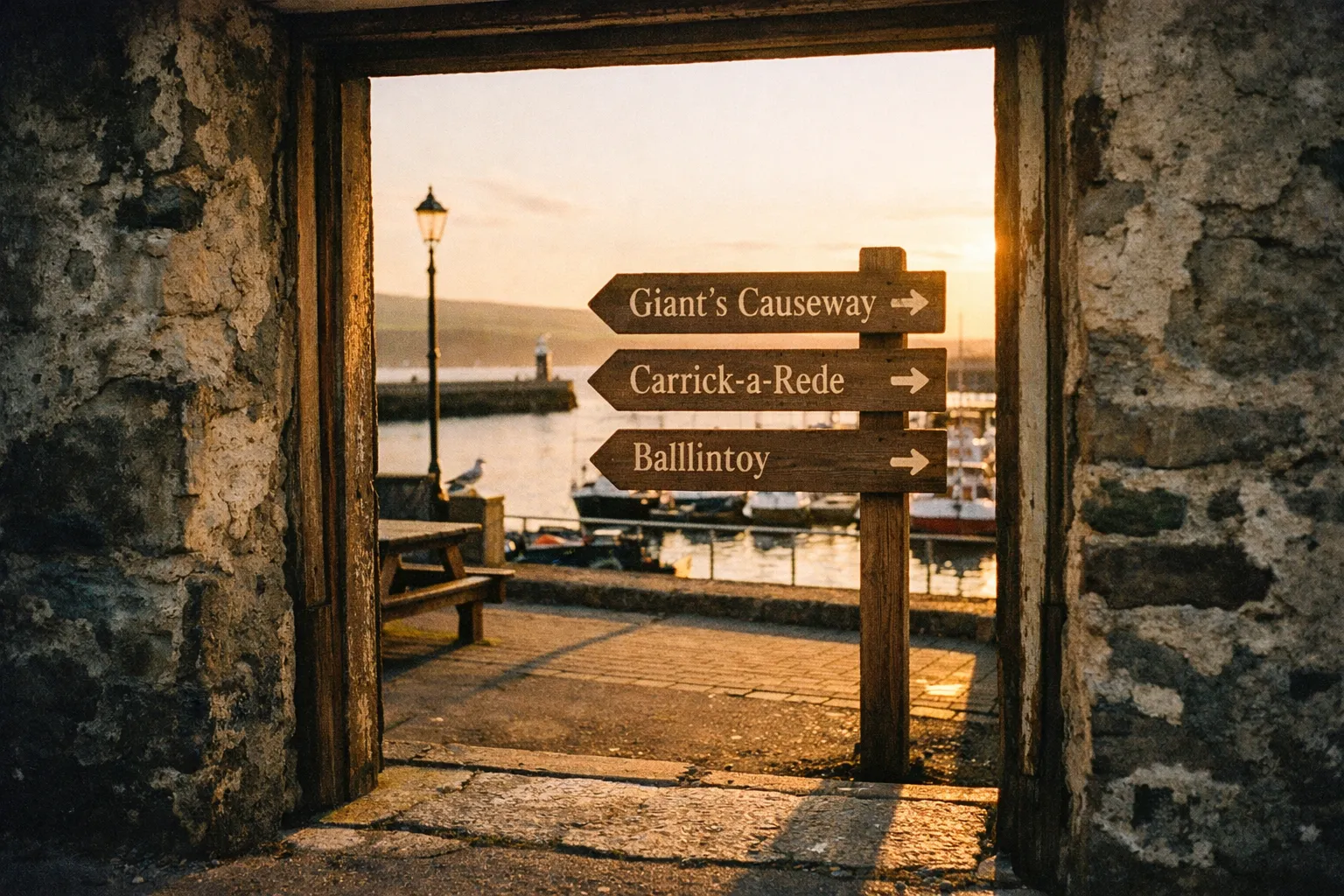 Wooden signpost to Giant's Causeway, Carrick-a-Rede and Ballintoy by a harbor at sunset.