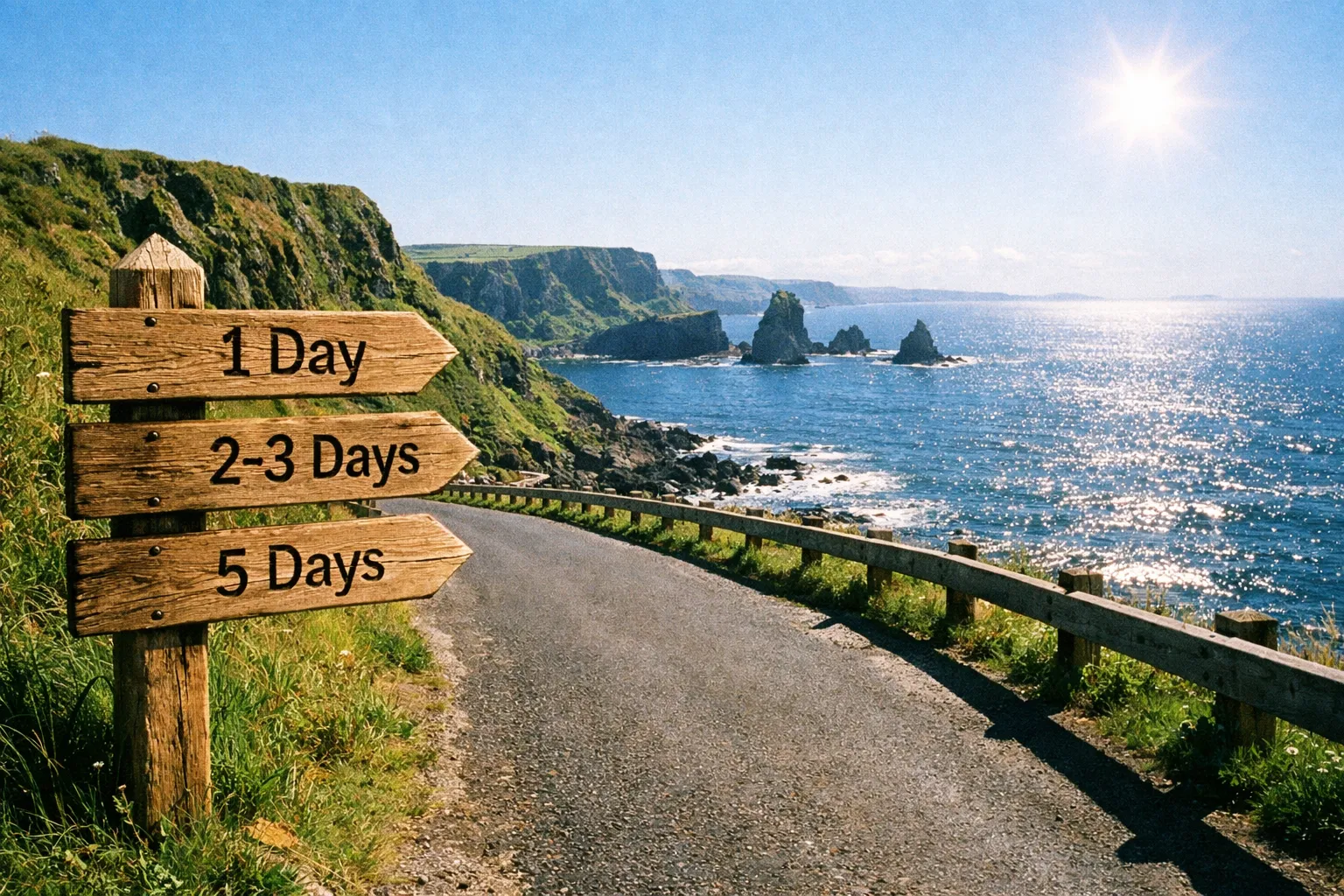 A coastal road curves along cliffs above the sea with rock formations offshore and a wooden signpost in the foreground.