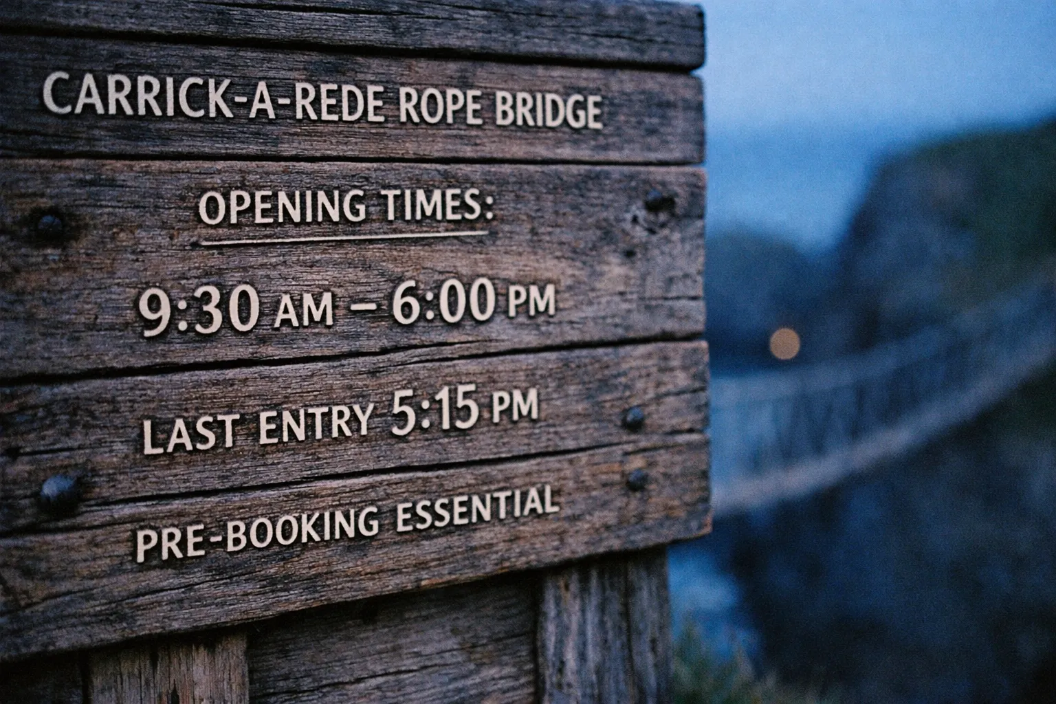 A wooden sign for Carrick-a-Rede Rope Bridge stands near the bridge and a rocky coastal landscape.
