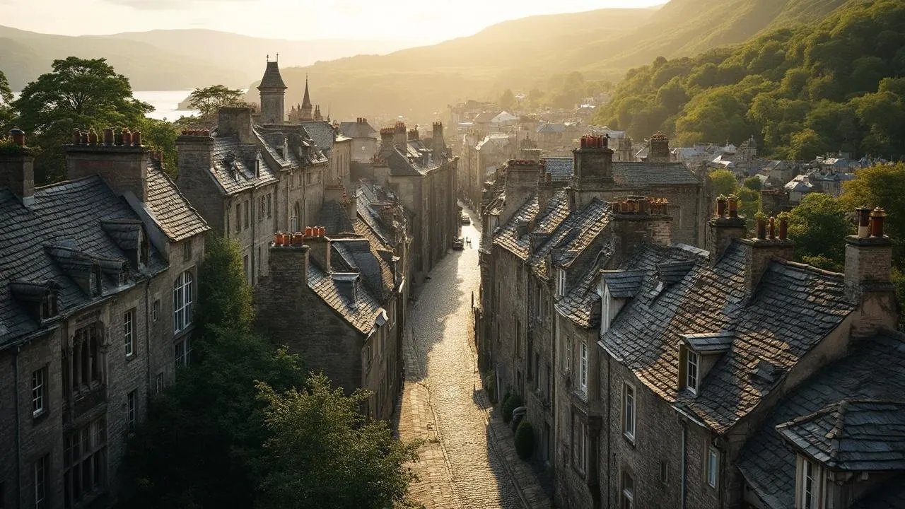 Panorama of a charming medieval Irish town with historic stone buildings