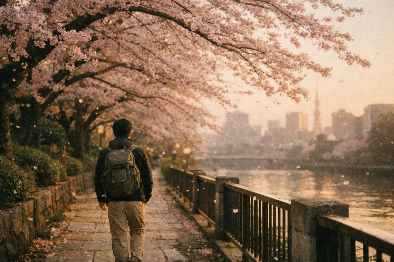 Cherry-blossom street along a Tokyo riverside at golden hour, a traveler with a backpack seen from behind walking under blooming trees.