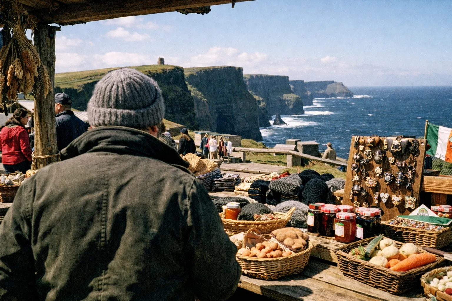 A person browses a rustic outdoor market with the Cliffs of Moher and Atlantic Ocean in the background.