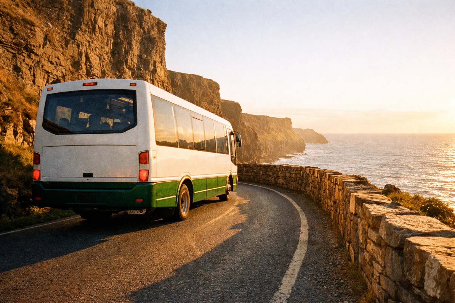 A tour bus drives along a coastal road by the Cliffs of Moher at sunset.