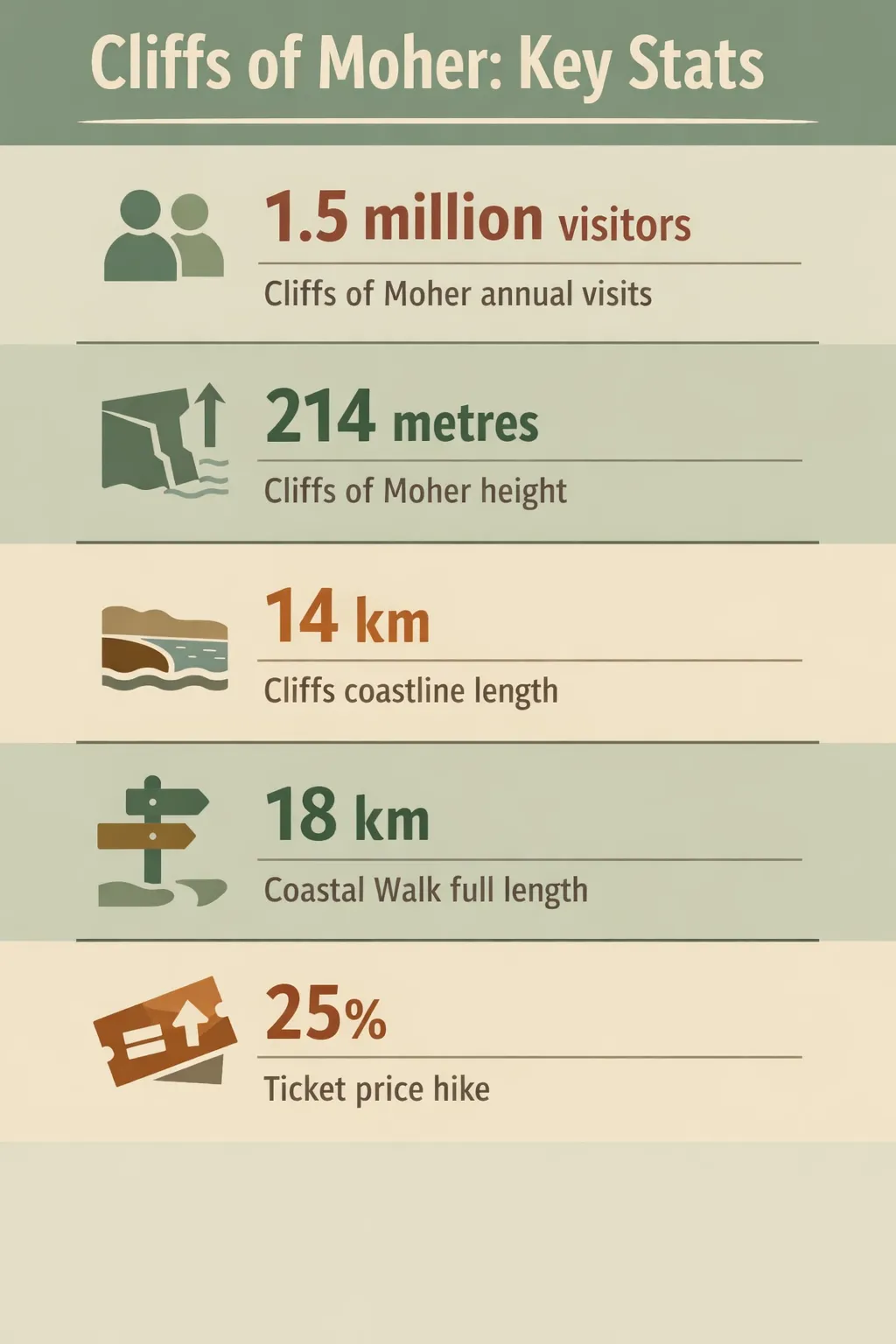 214 metres high cliff, 14 km coastline, 1.5 million annual visitors, 25% price hike