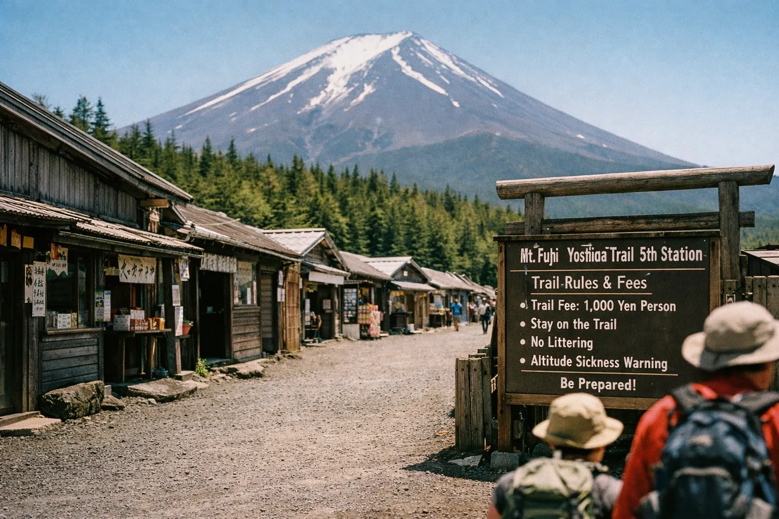 Hikers stand near the Yoshida Trail 5th Station with Mount Fuji rising in the background.