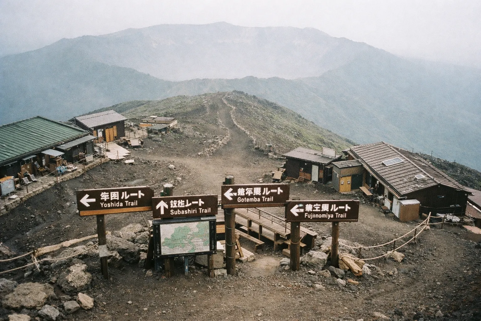Trail signs and mountain huts near the summit of Mount Fuji with a rocky path and distant crater view.