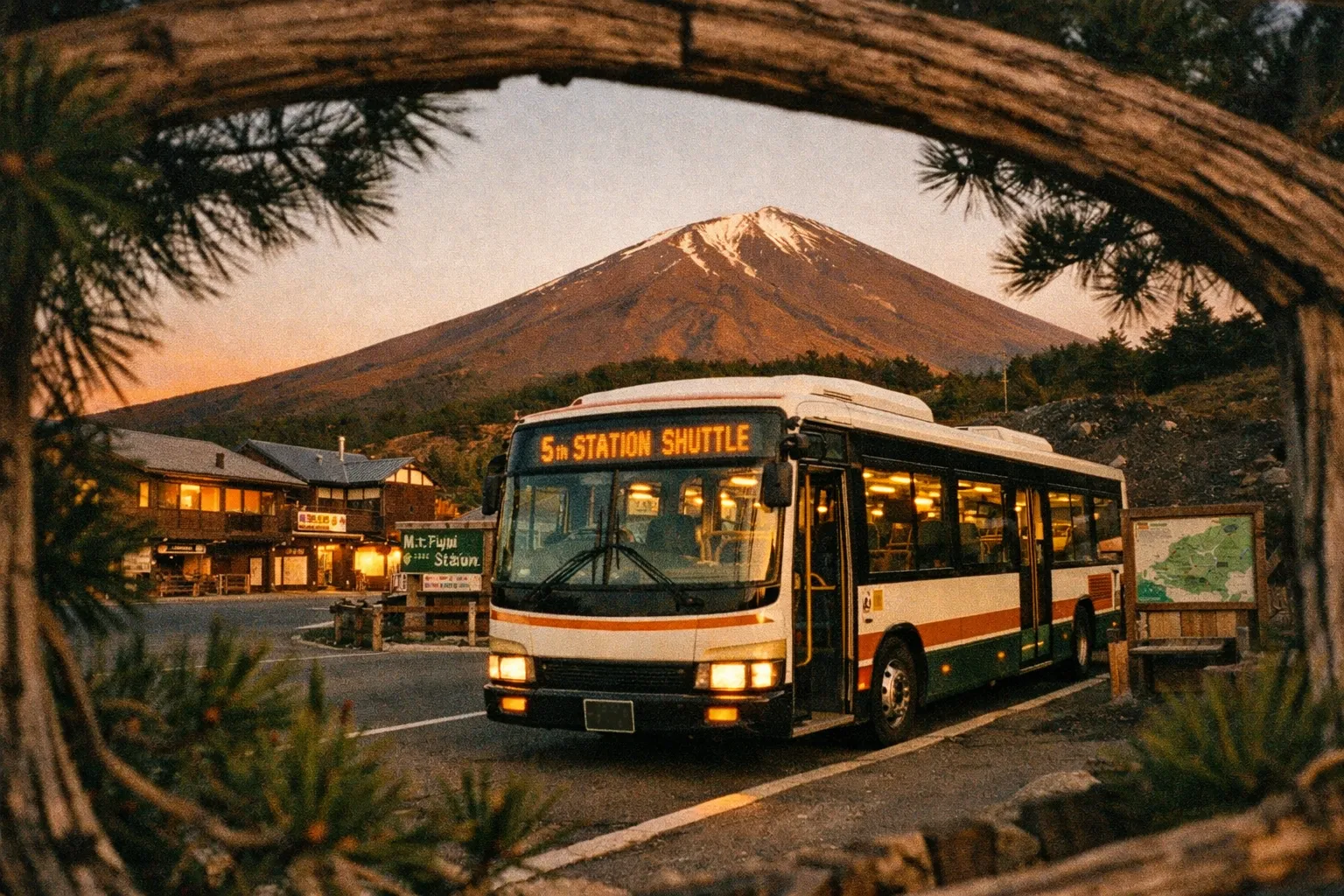 A shuttle bus waits at Mount Fuji 5th Station with the mountain visible in the background at sunset.