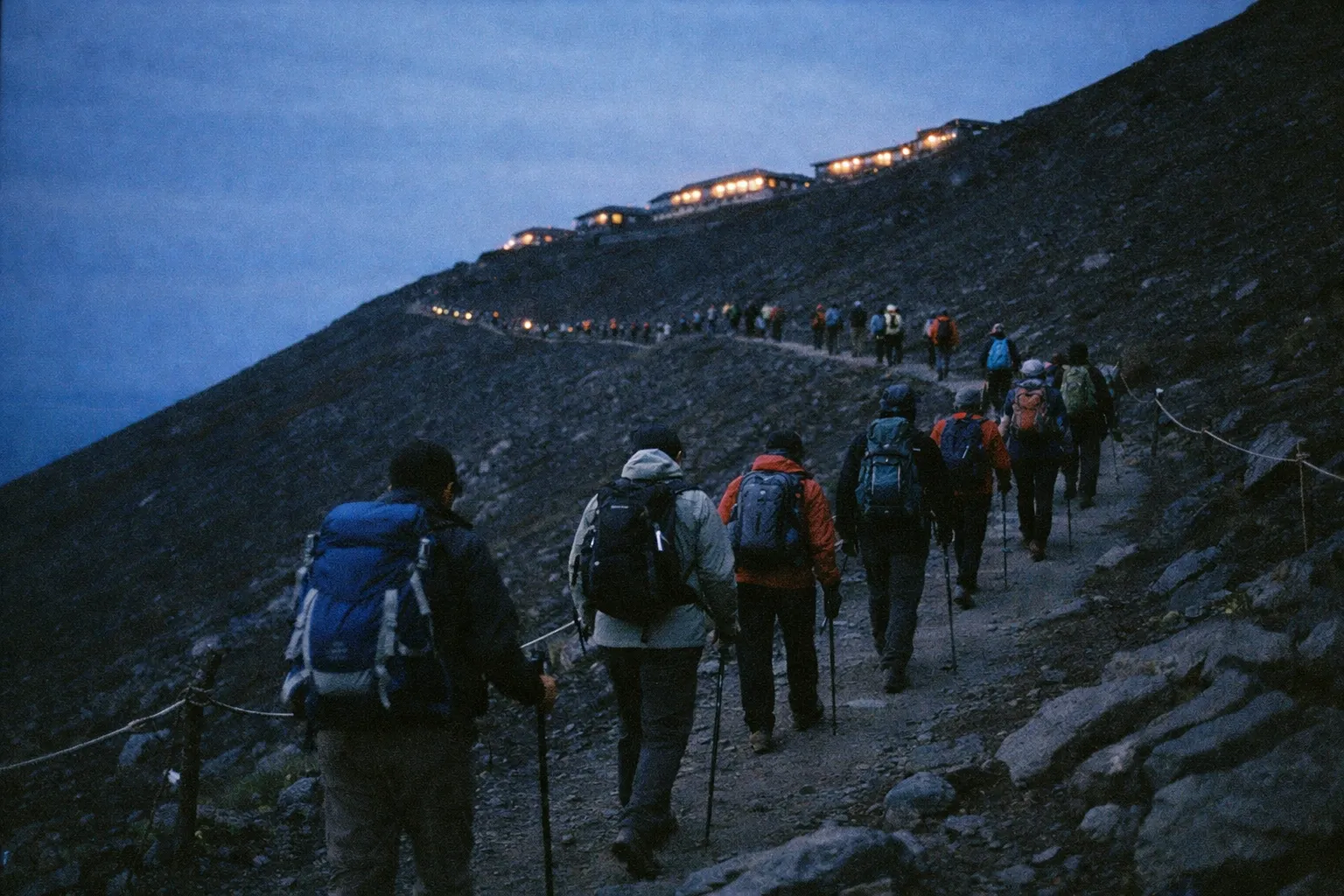 Hikers with backpacks trek up a rocky path toward mountain huts lit up at dawn on Mount Fuji.