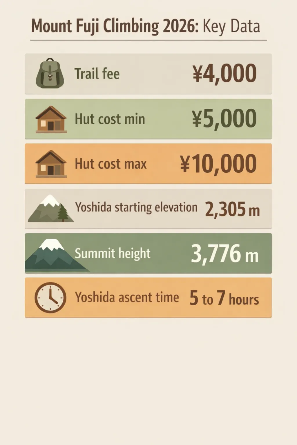 Infographic showing Mount Fuji four routes with key 2026 figures: trail fee ¥4,000, hut min ¥5,000, hut max ¥10,000, Yoshida