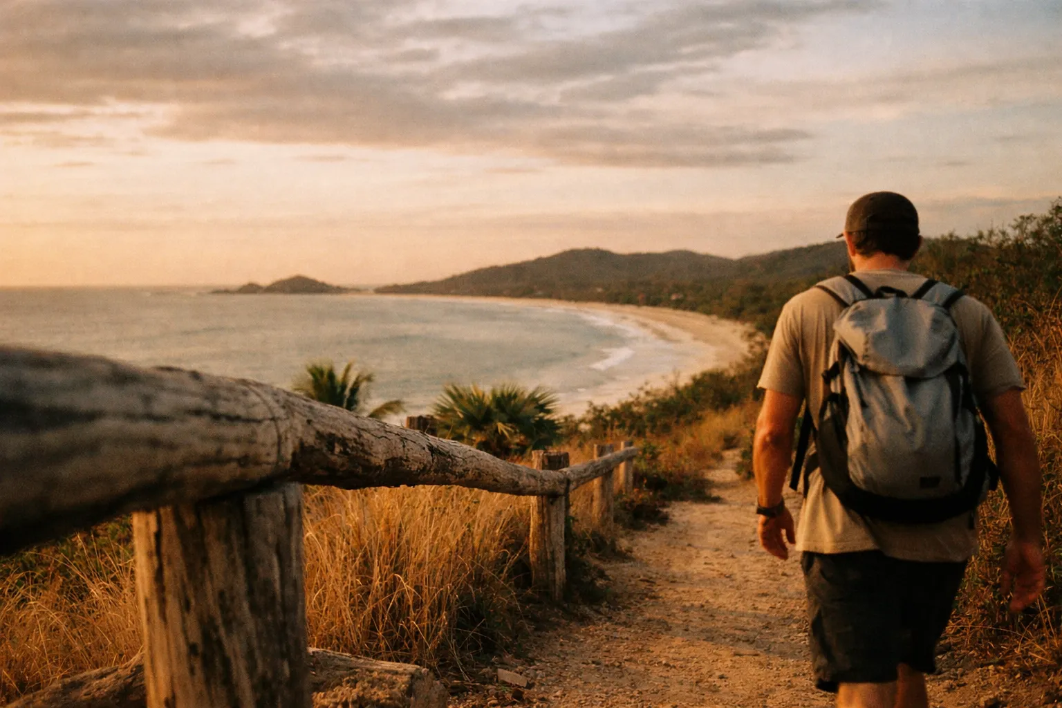 Editorial view of a palm-fringed coastal trail in Tamarindo at golden hour with a hiker seen from behind