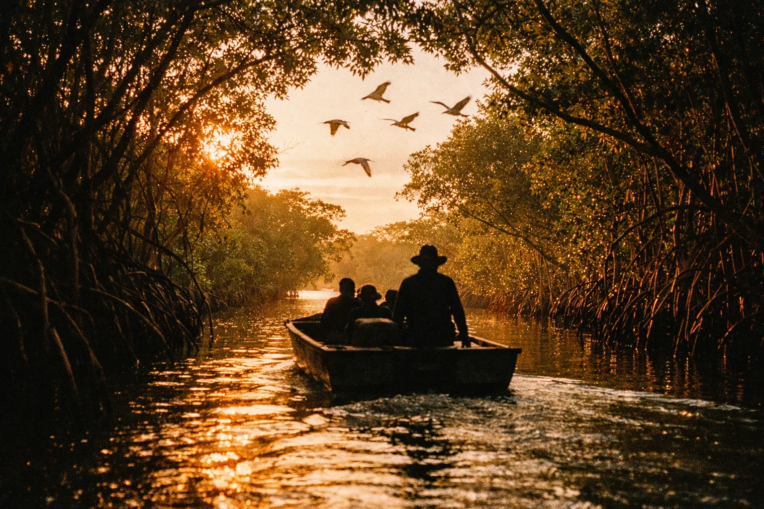 Eco-boat gliding through a mangrove estuary at sunrise with birds overhead