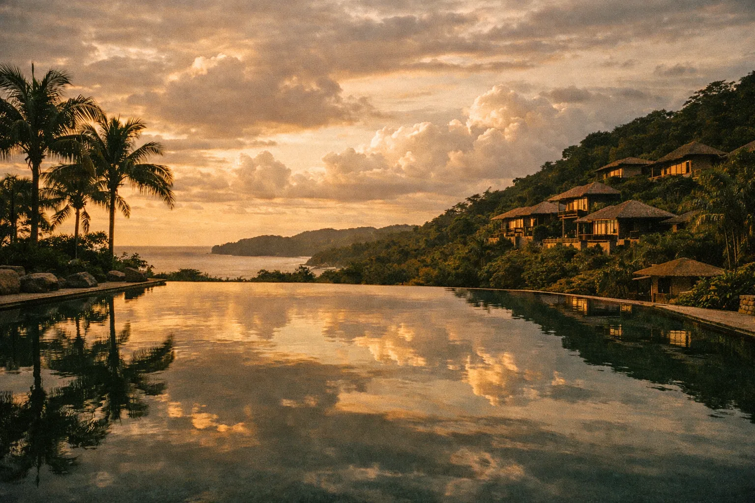Infinity pool at a Costa Rica all-inclusive resort at golden hour with jungle backdrop