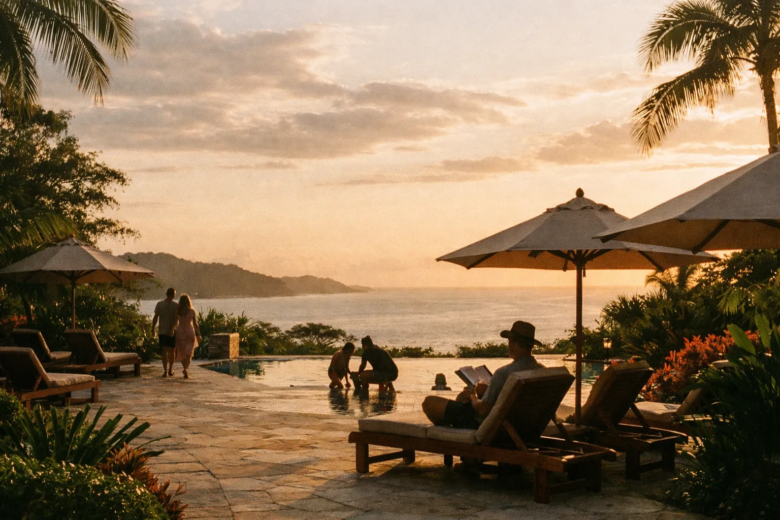 Resort pool terrace with silhouettes representing different traveler types