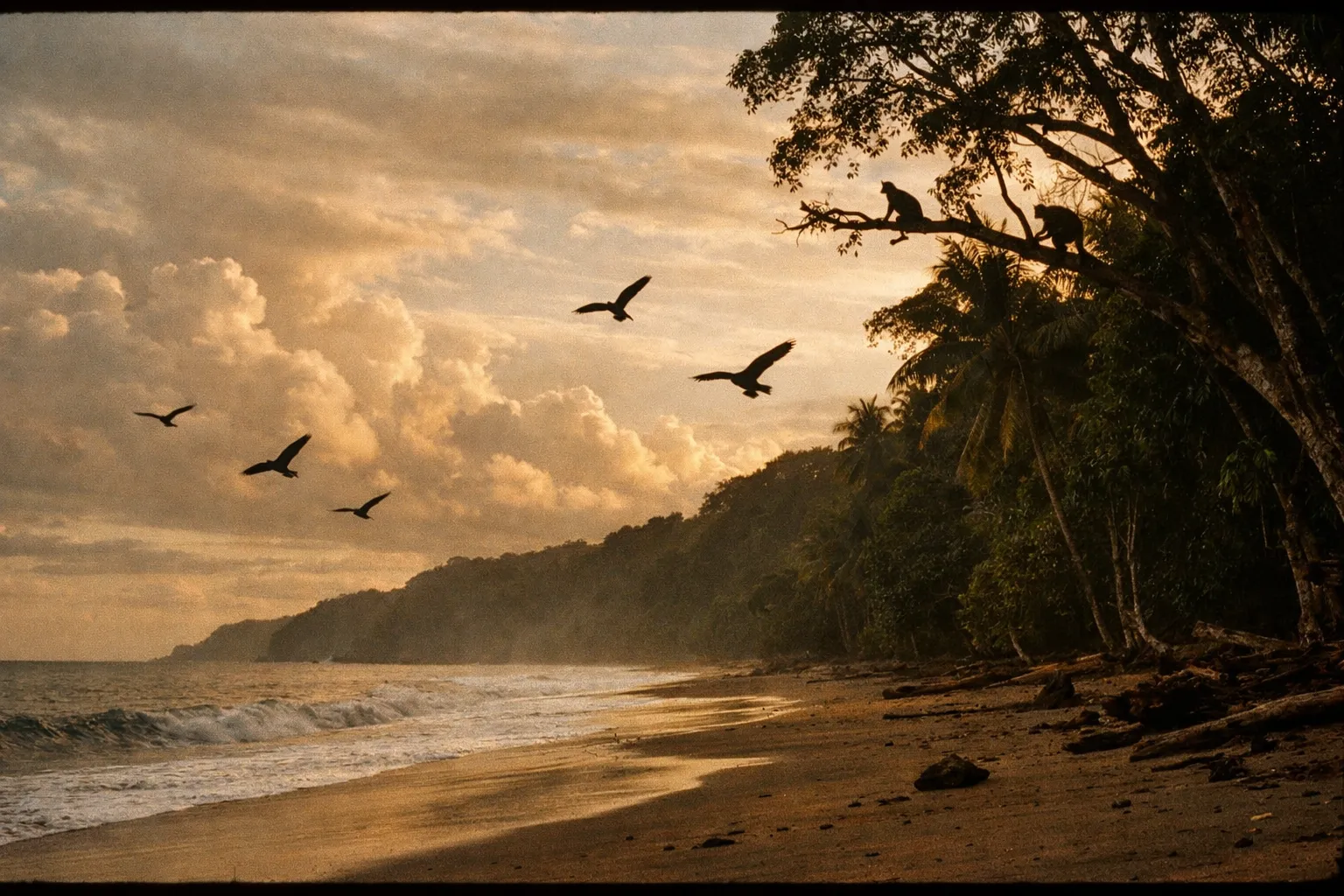 Dramatic coastline with rainforest backdrop and silhouettes of seabirds at dusk
